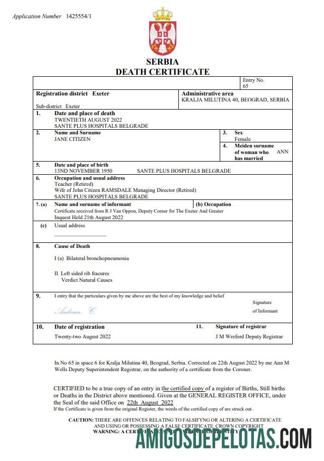 Imprimível modelo Word e PDF de certidão de óbito da Sérvia